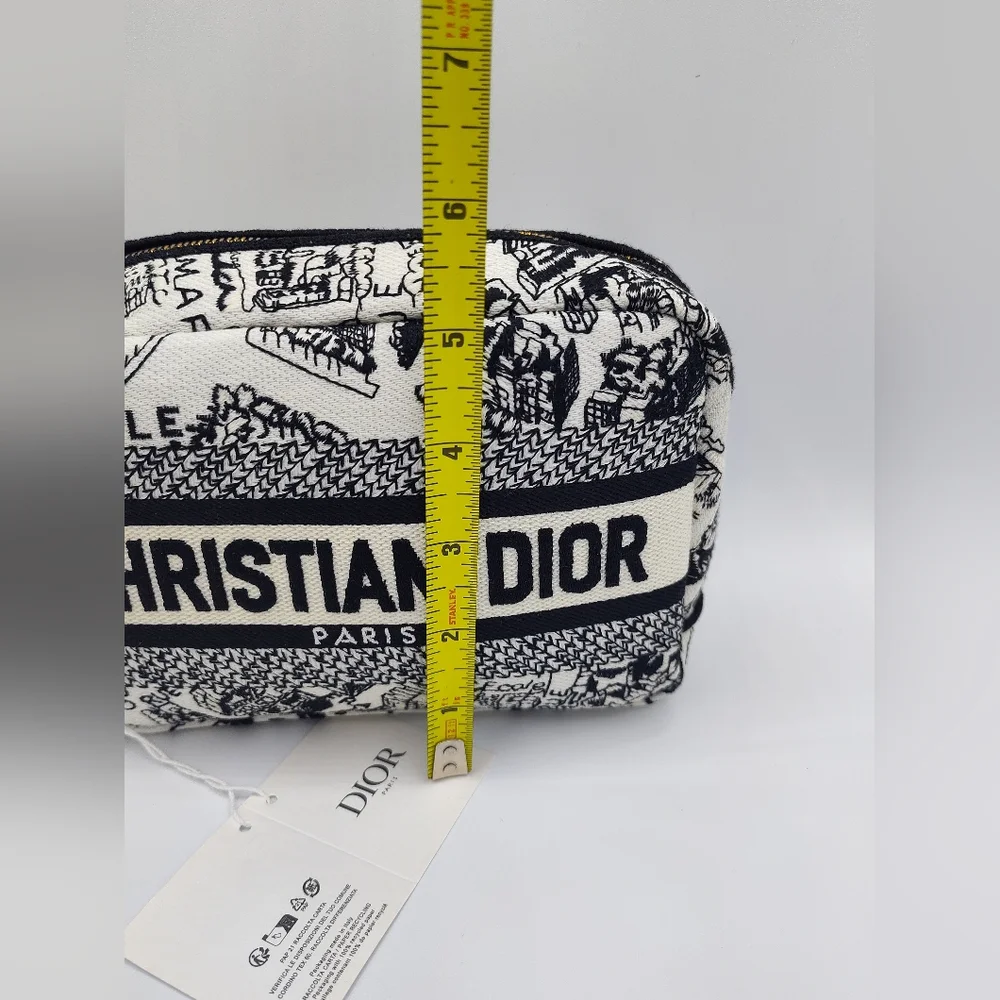 NWT NIB Christian Dior Paris Toile Canvas Cosmetic Pouch Black White Gold Zipper - Picture 5 of 6